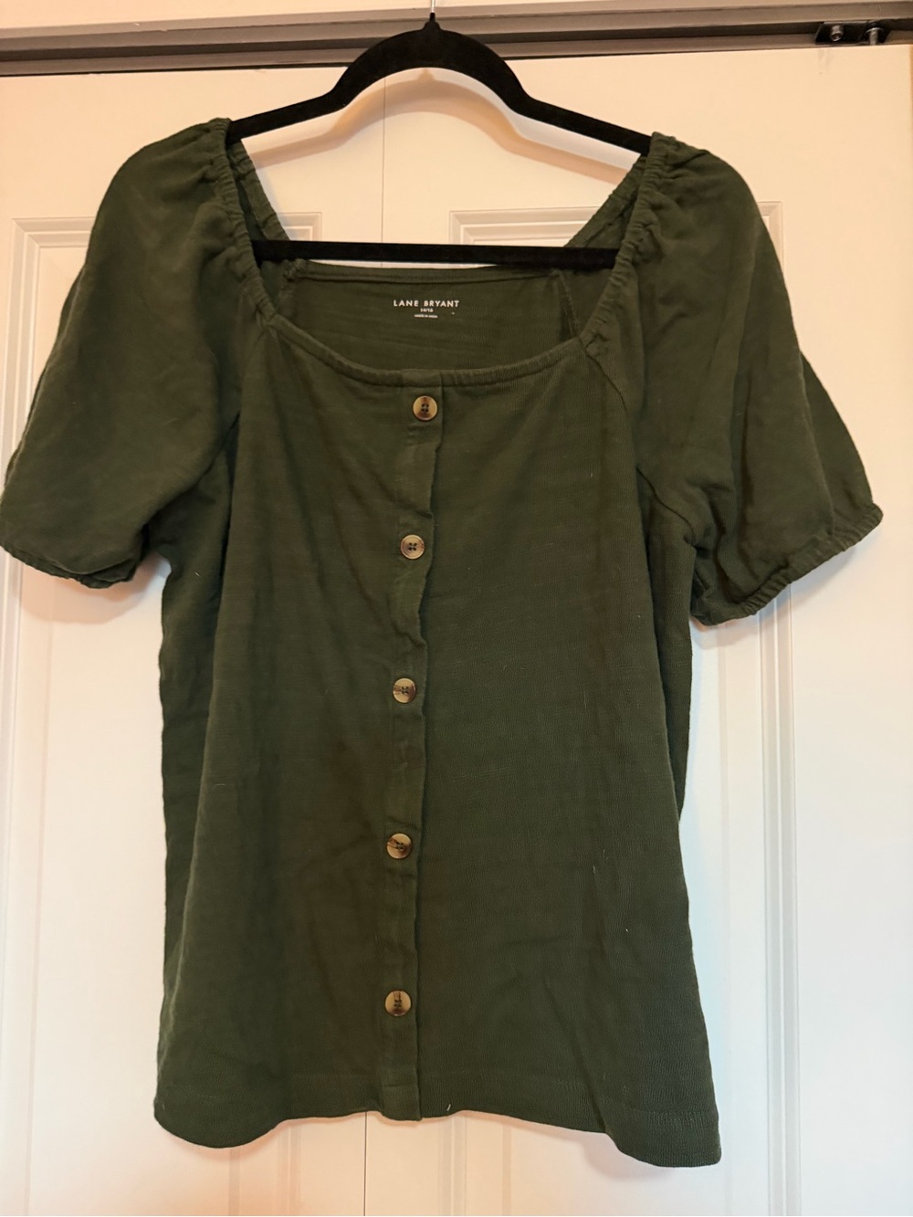 Lane Bryant Olive Green Button-Front Square Neck Puff Sleeve Top